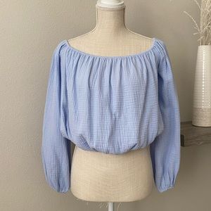 Express Gauze Cotton Off the Shoulder Bubble Hem Light Blue Top  XS New